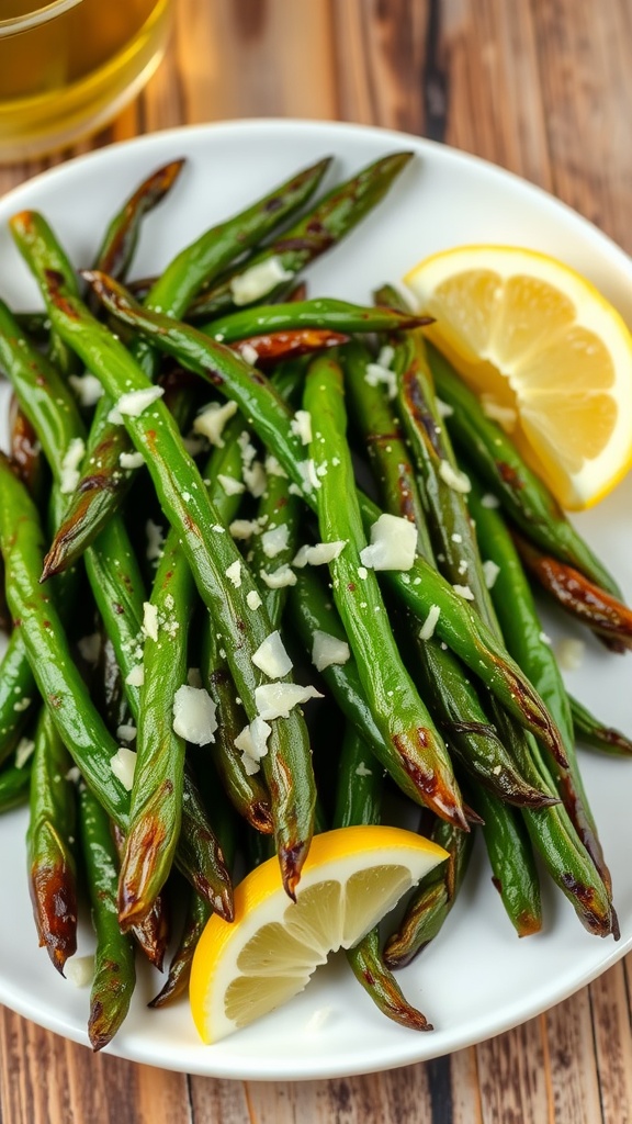 Crispy roasted green beans on a plate, garnished with garlic and lemon, on a rustic table.